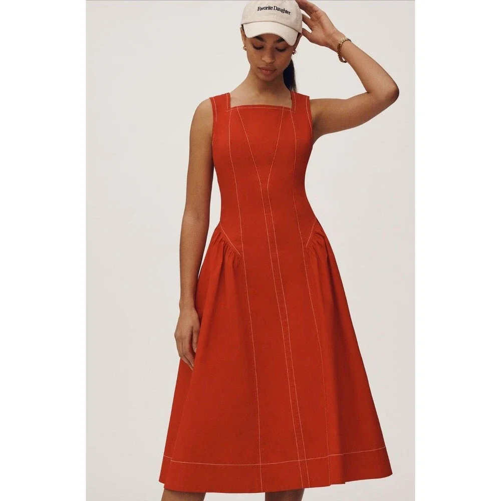 Anthropologie Midi Dress Red Cotton High Neck Holiday Preppy Boho Size XS NWT